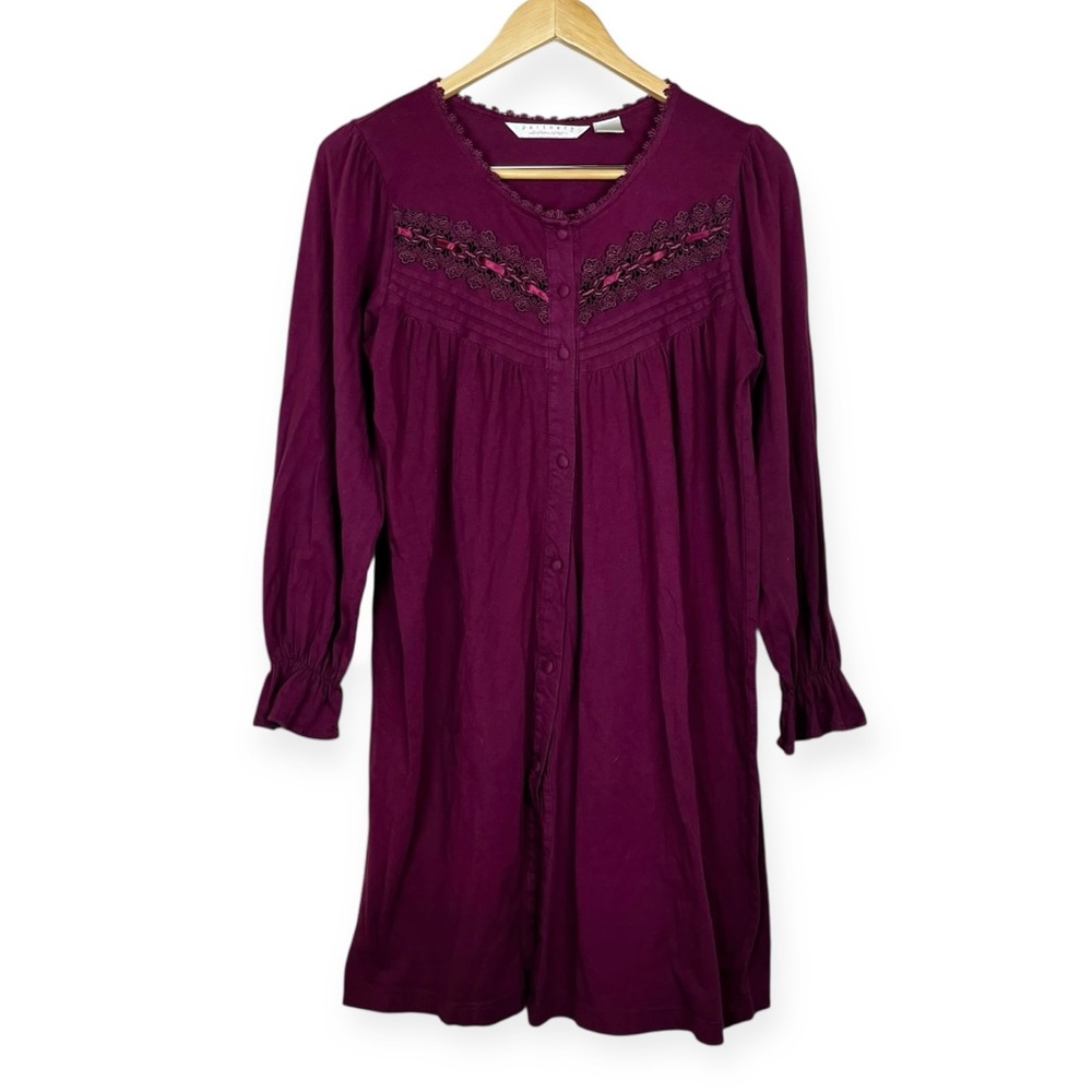 PARTNERS INTIMATES Vintage Burgundy Long Sleeve Cuff Cotton Nightgown Size Small